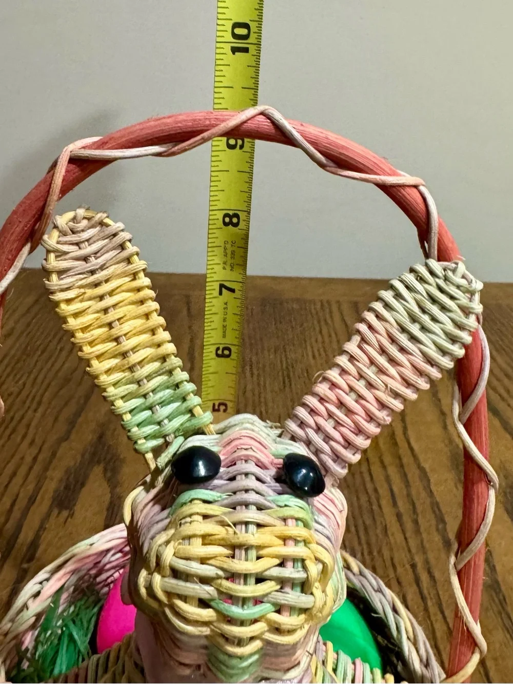 Woven Pastel Bunny Basket with pink, green, yellow & lavender eggs Easter decor